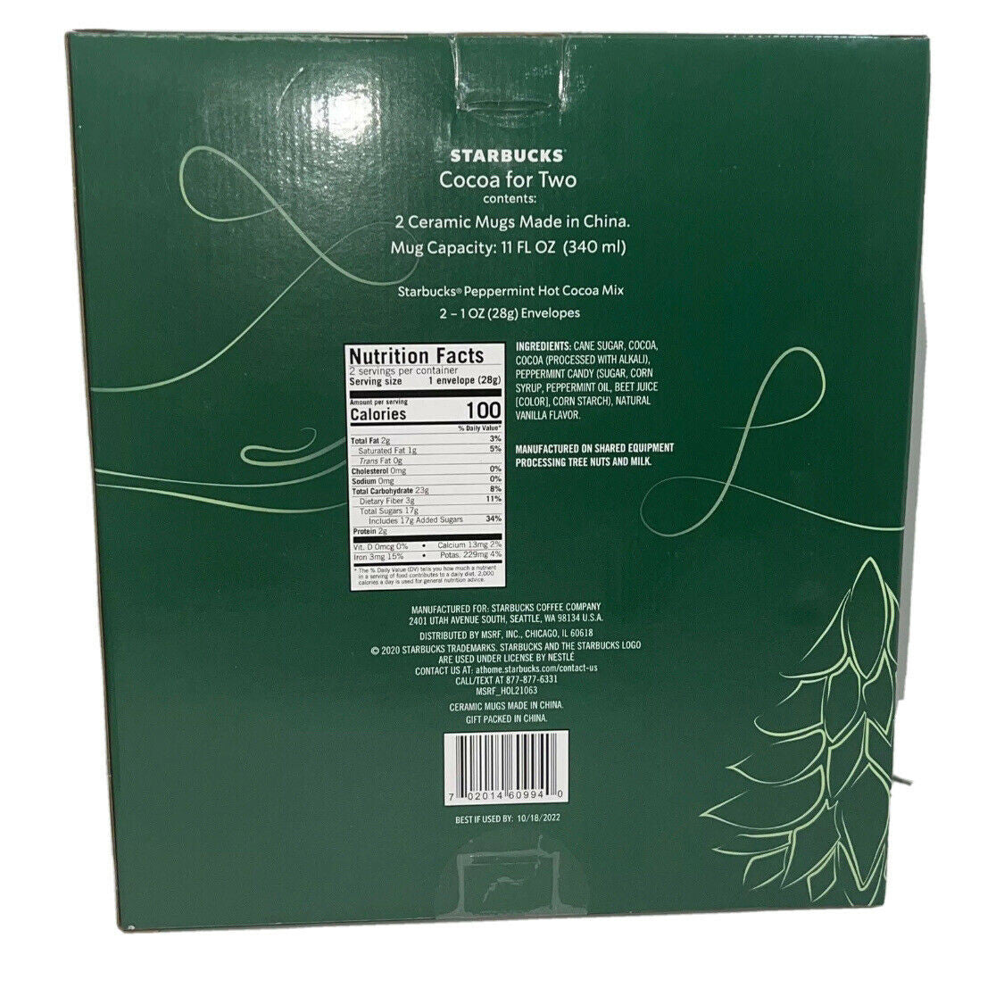 Holiday Set Starbucks Hot Cocoa & Mugs For Two 11 oz mugs