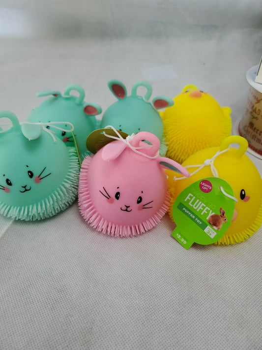 HAPPY GO FLUFFY Puffer Balls with Loop Glowing Bunny Chick Elasticity Ball LOT 6
