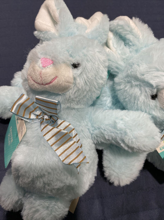 Easter Blue Bunny Rabbit Striped Bow 8" Chubby Fat Plush Baby Toy