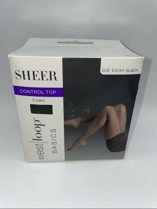 West Loop Sheer Control Top/Sheer Toe Pantyhose  Off Black Size B 3 Pack