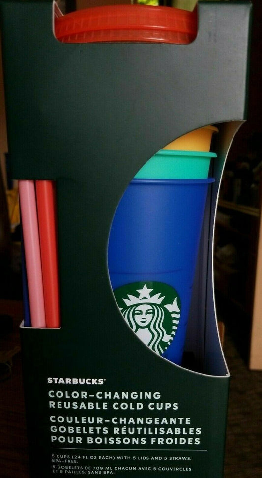 5 pc Starbucks 2020 Summer Color Changing Reusable Cold 24oz Cups Tumbler Straws