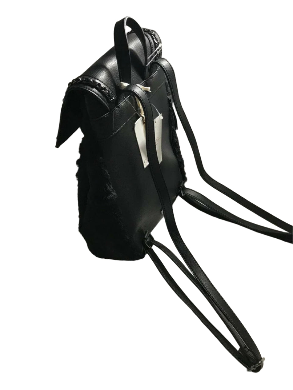 Jessica Simpson Kaelo black drawstring backpack with faux fur body and braided faux leather flap