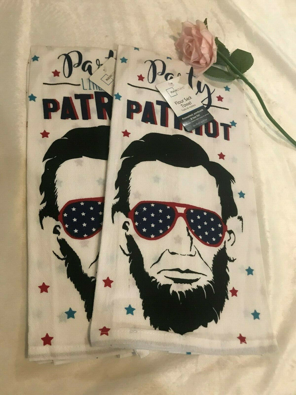 2 pc Flour sack kitchen towels Mainstays cotton 28" x 29" PARTY LIKE A PATRIOT