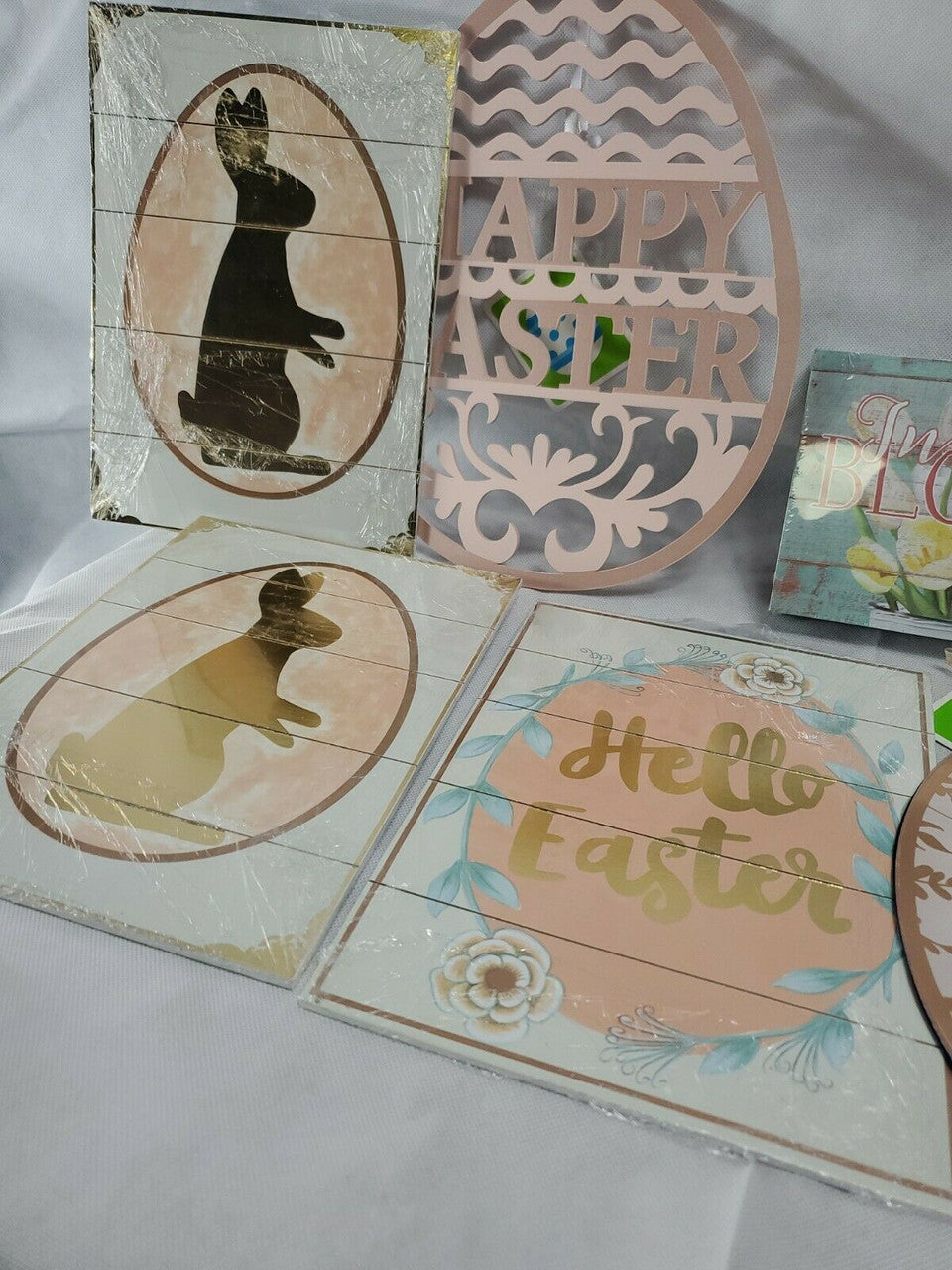Easter Decor Hanging Signs  Multi-Colored Bunny Egg Shape Lot of 6 decors