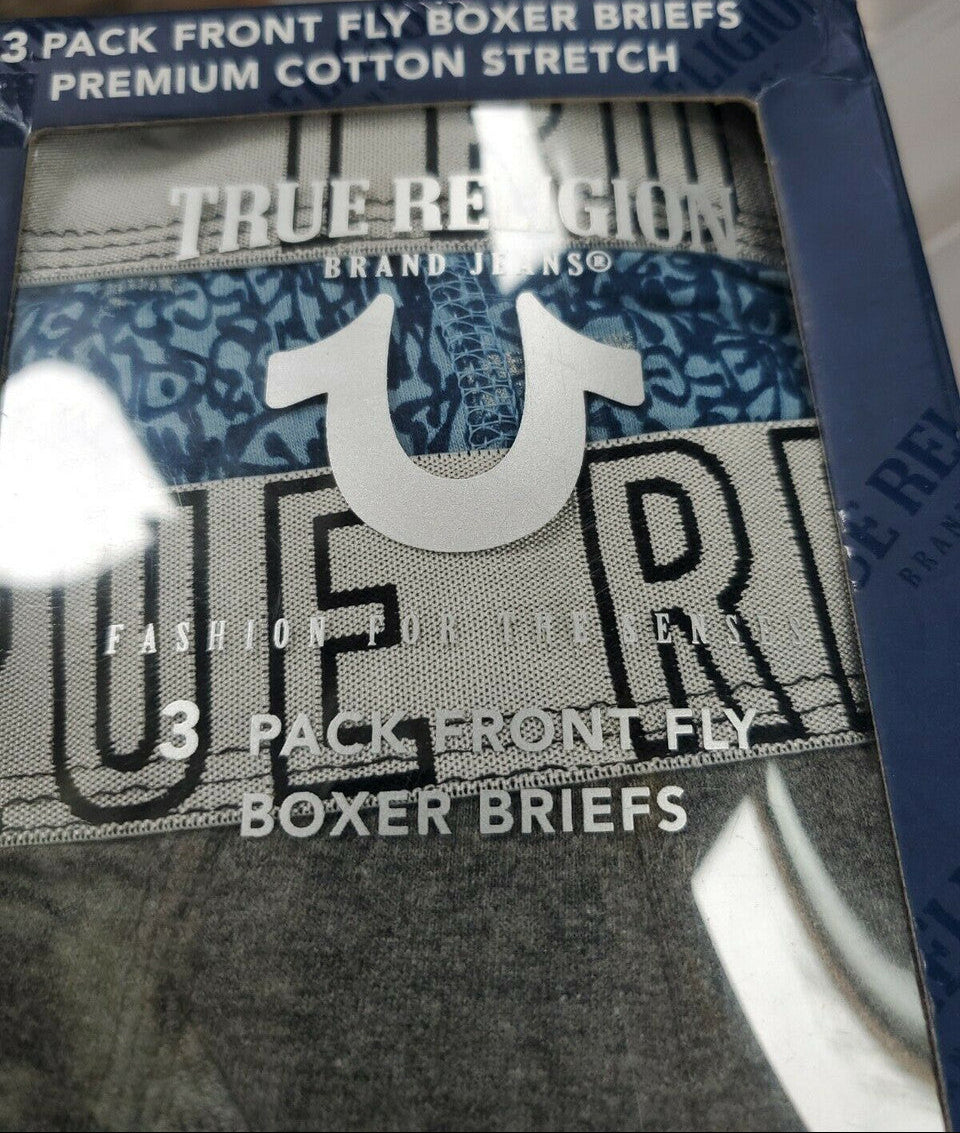 True Religion brand packaging for 3-pack front fly boxer briefs.