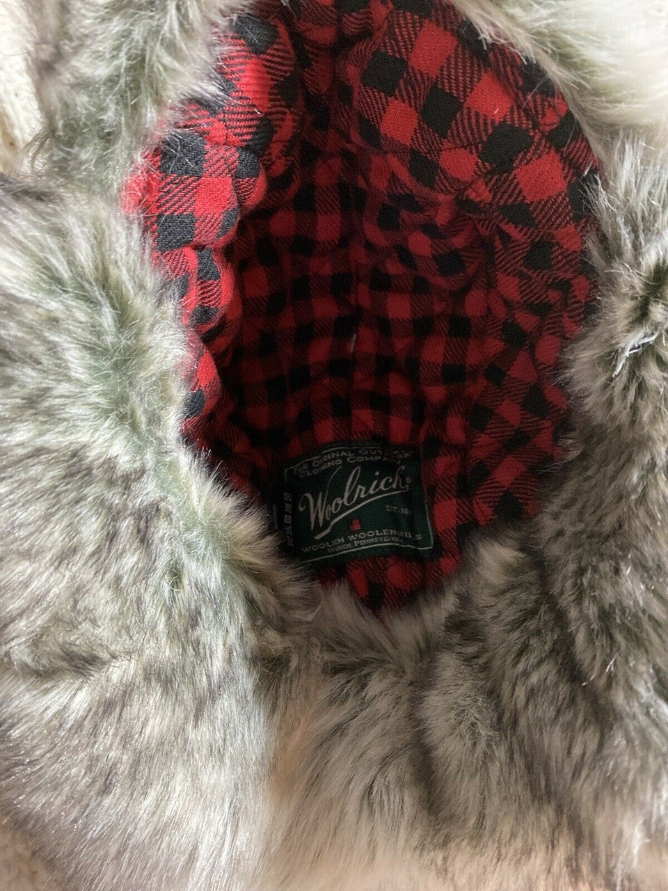 WOOLRICH WOOL BOMBER AVIATOR TRAPPER HAT MEDIUM grey tan red PLAID