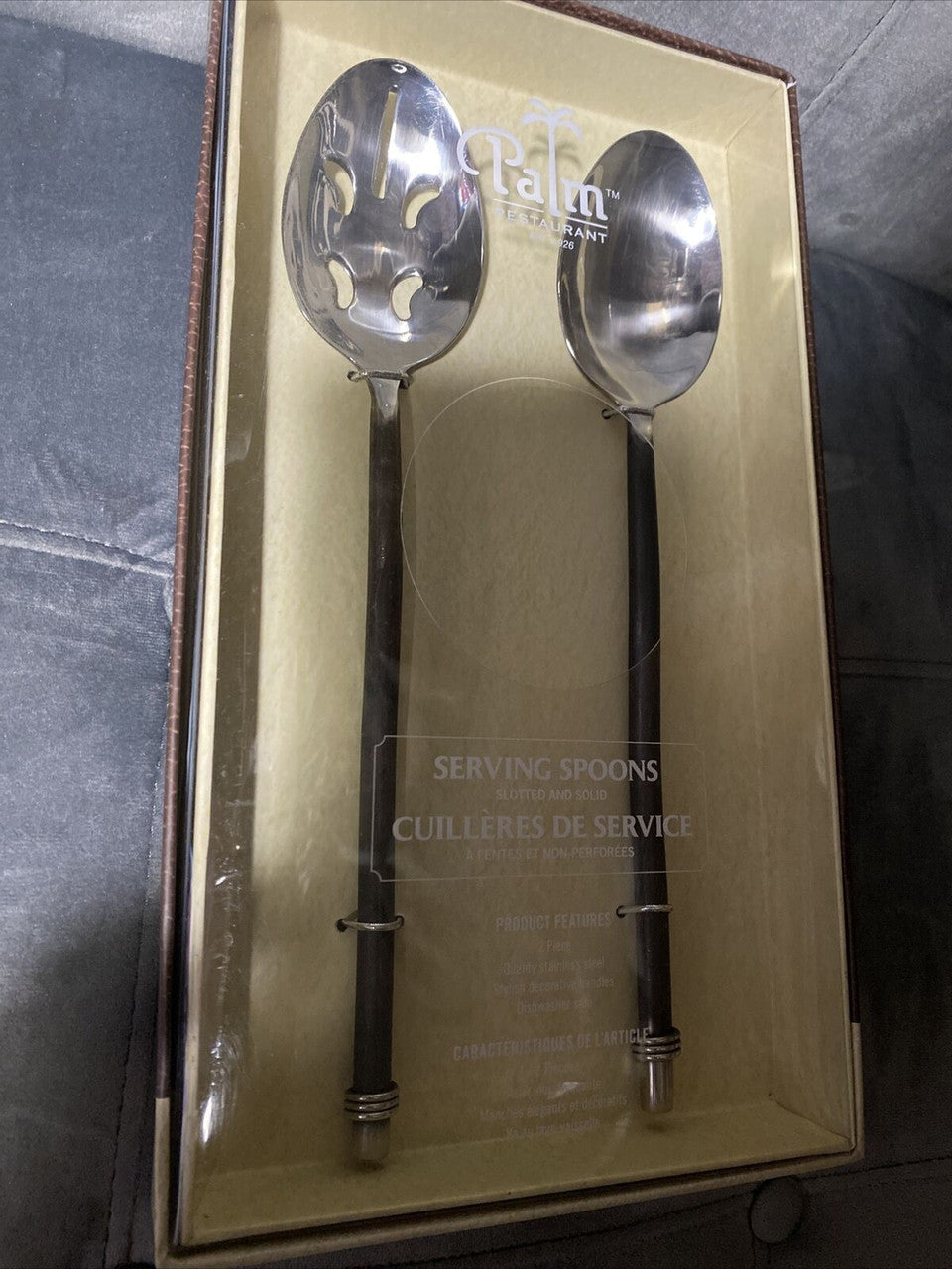 Palm Restaurant Serving spoons 2 Stainless Steel Decor Handles slotted & solid
