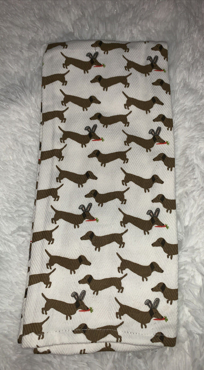 Snuggle Bunny Dachshund Doxie Easter Kitchen Tea Towels Set Of Two