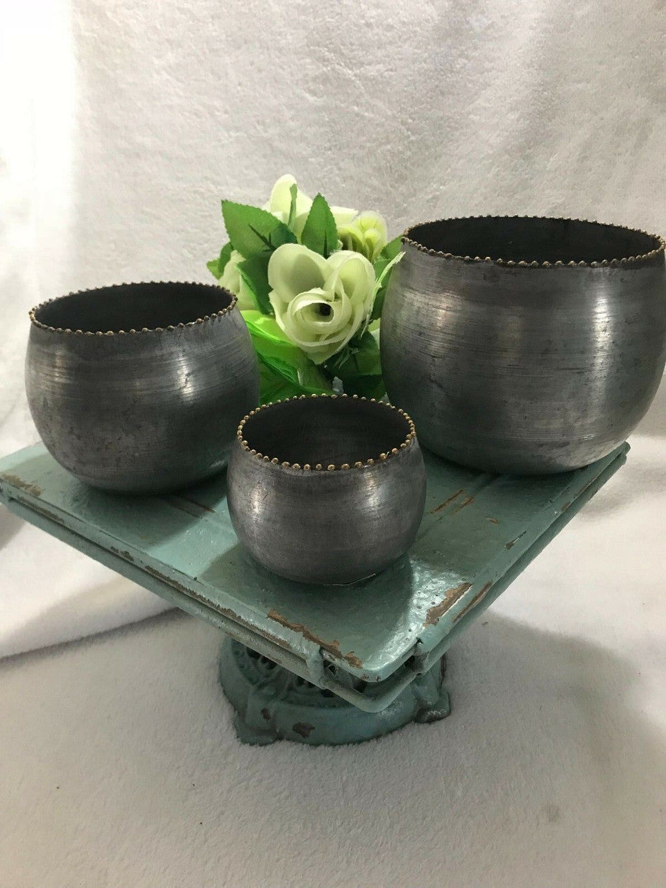 3pcs Round Metal Vases Centerpiece Bohemian Planter Zinc Finish Rustic