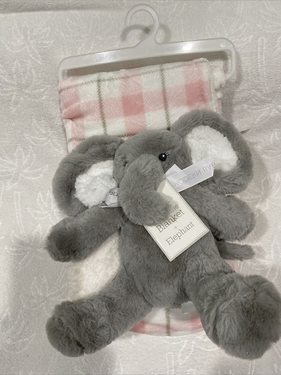 Modern baby reversible blanket W Plush Elephant Pink Grey 30” X 36”