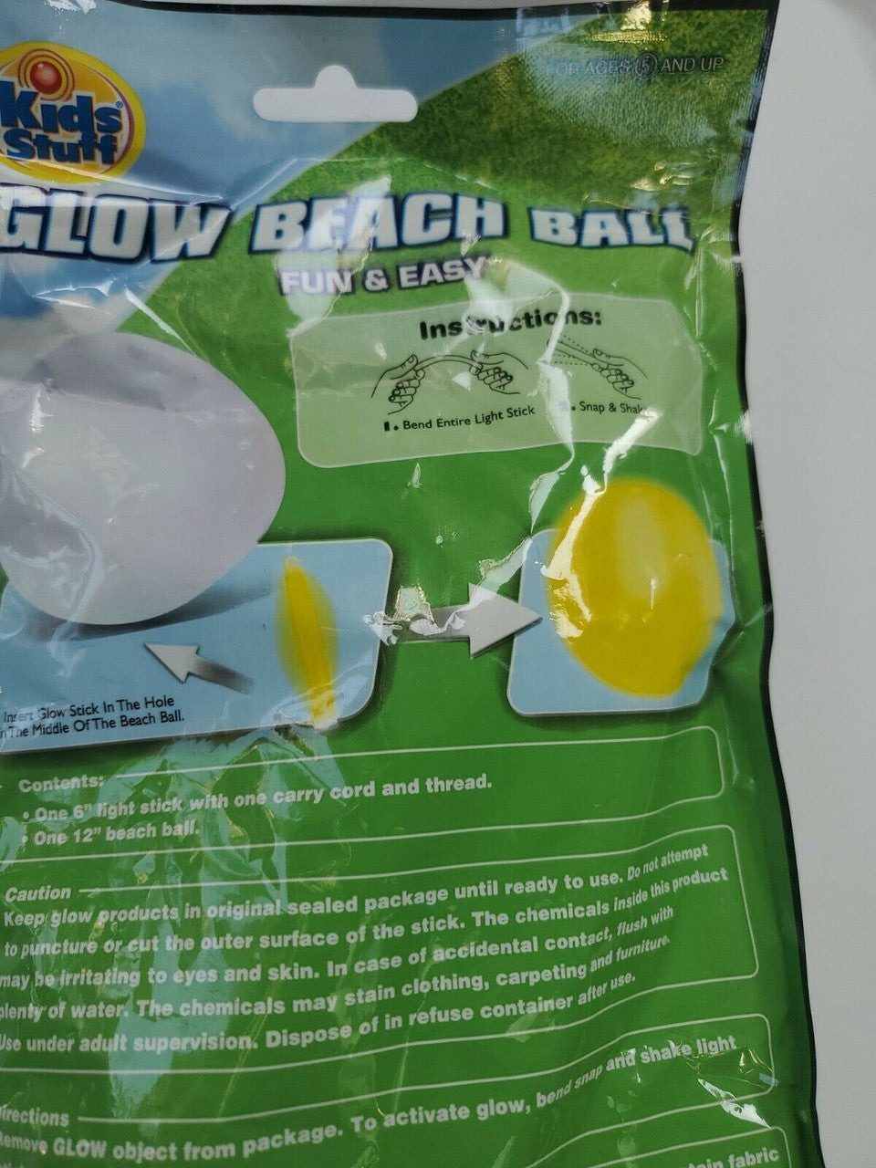 KIDS STUFF 12" Inflatable Beach Ball With 6” Glow Stick YELLOW Summer Lake Water