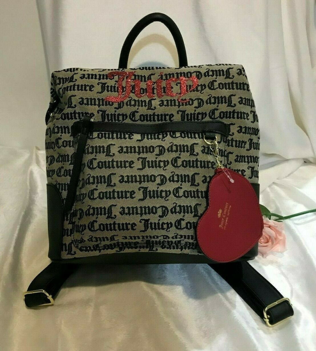 Juicy Couture Popout Logo & Heart Mini Backpack Black/Beige/Red