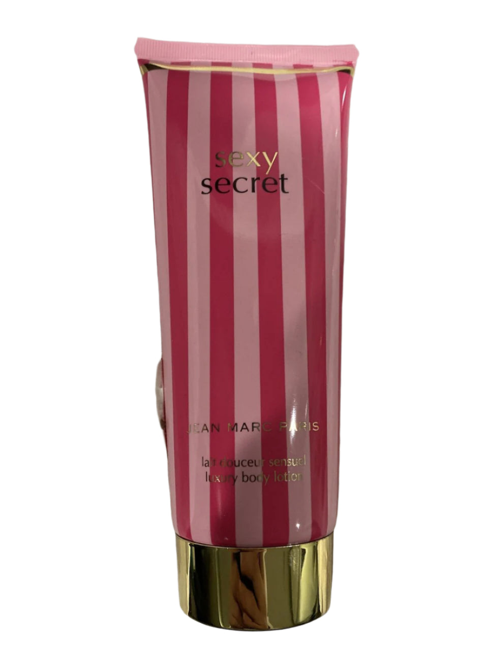 Sexy Secret Jean Marc Paris pink and gold luxury body lotion tube, 6.7 oz size, floral gourmand scent.