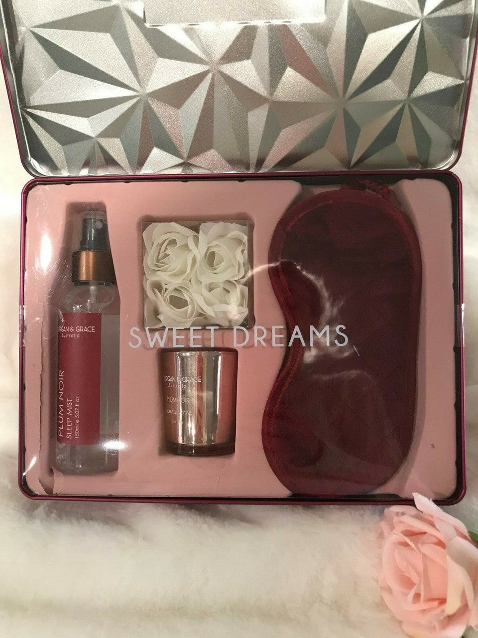 Morgan & Grace Australia sleep gift set featuring rose petal soap, Plum Noir candle, sleep mist, and burgundy eye mask in a luxury boxed presentation.