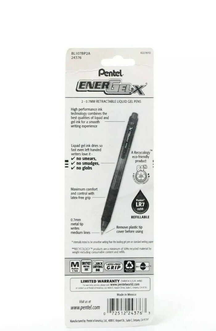 Pentel EnerGelX Roller Gel Pens 0.7mm Medium Point Black 2 Pack