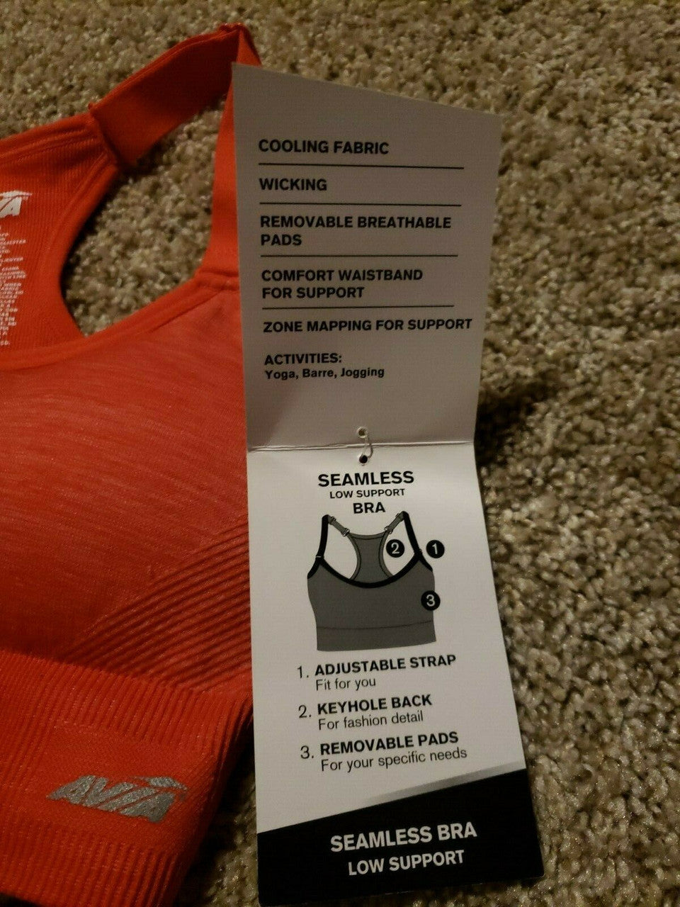 Avia Seamless Low Support S Bra Adjustable Straps, Keyhole Back, Removable Pads