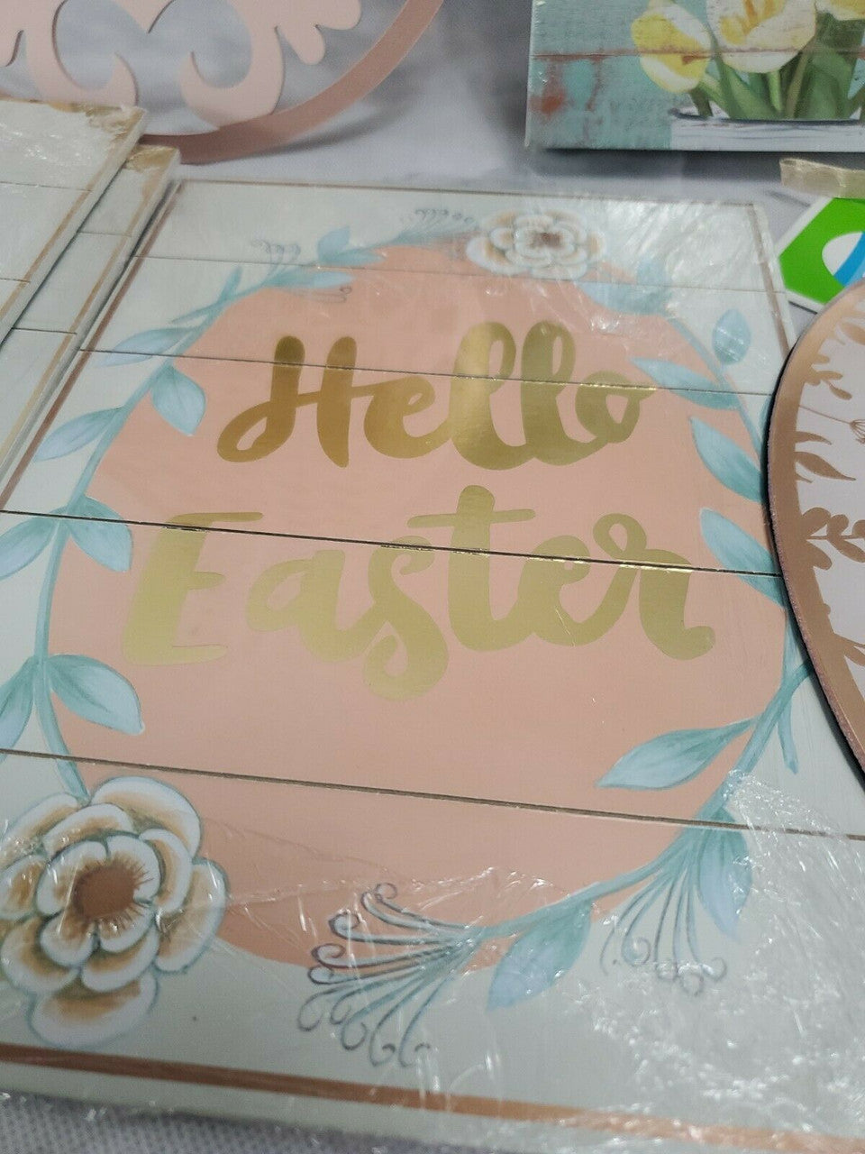 Easter Decor Hanging Signs  Multi-Colored Bunny Egg Shape Lot of 6 decors