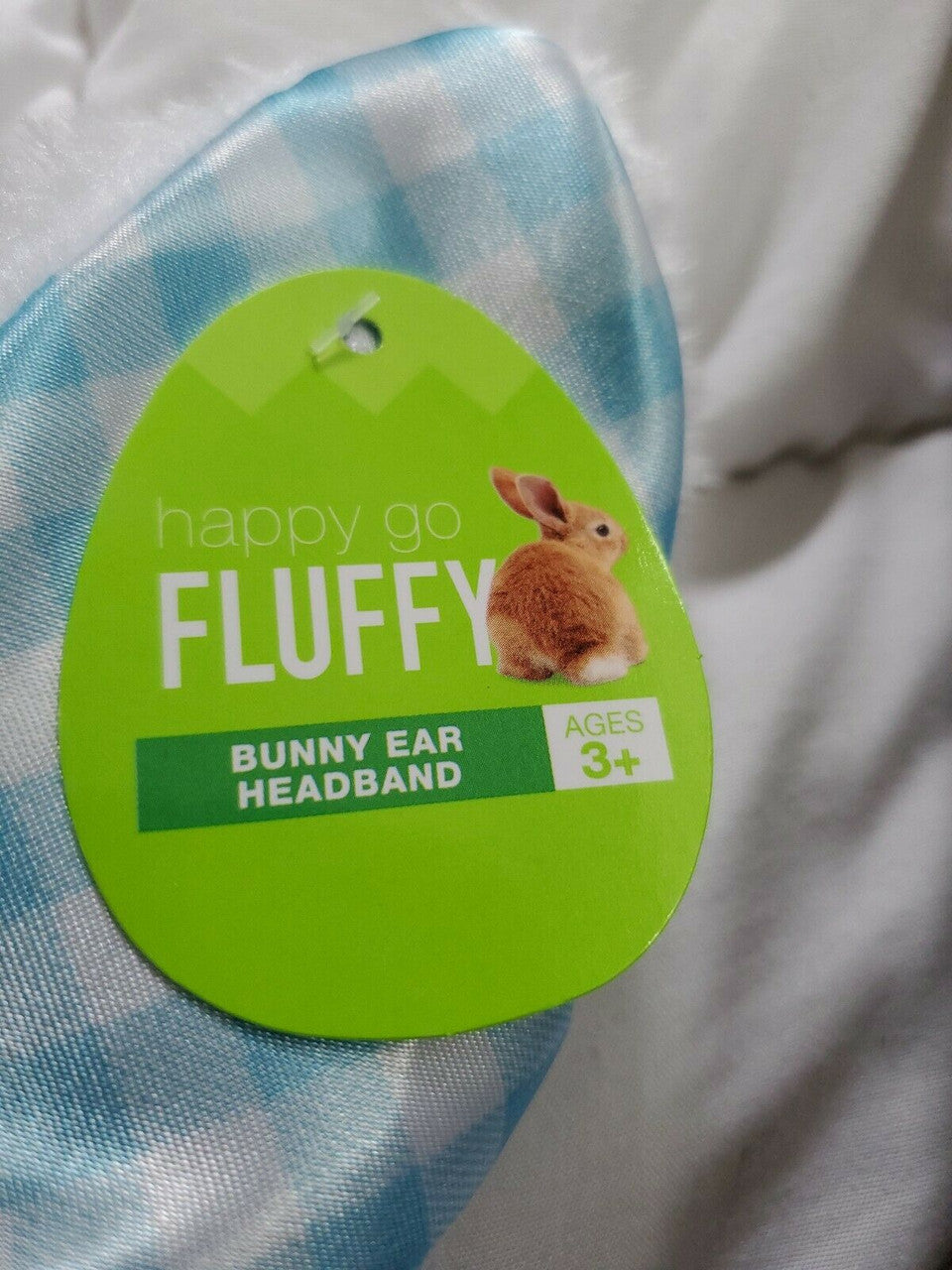 White & Blue checkered Plush Bunny Ears Headband Fluffy Rabbit Easter 3+ age
