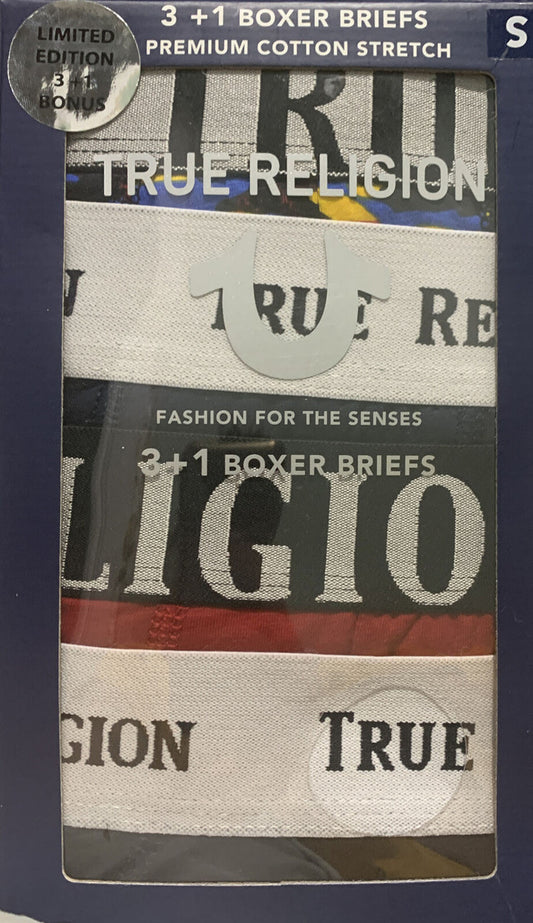 Packaging for True Religion brand boxer briefs indicating a 3+1 offer with premium cotton stretch fabric.