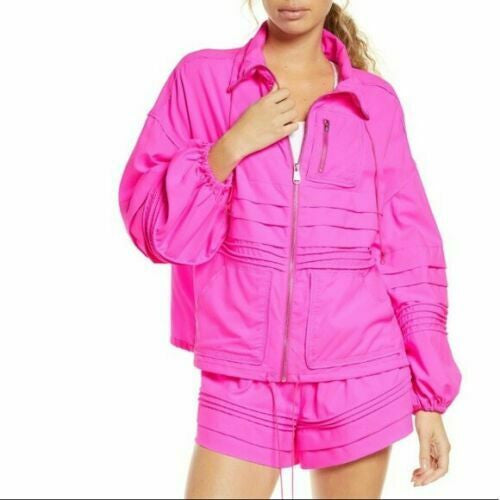 Free People Spring Windbreaker Jacket Large Pink Zip Coat Lightweight