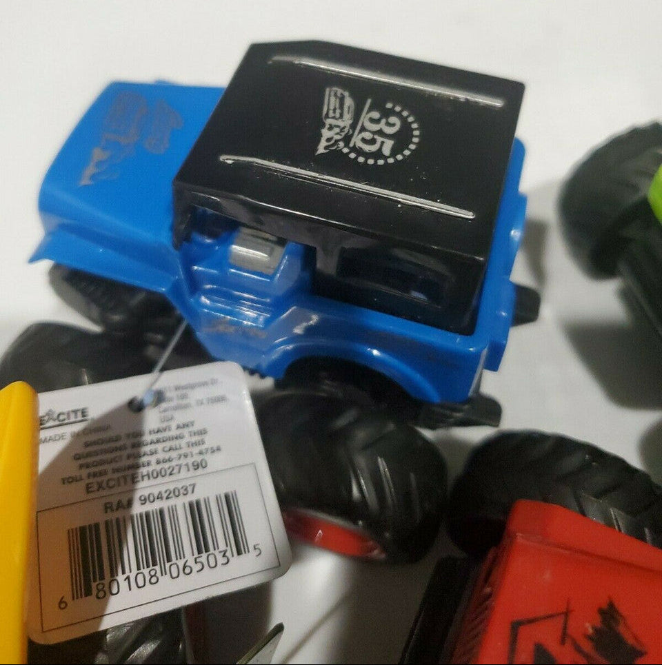 Friction powered 4WD jeep and monster truck toy set in packaging