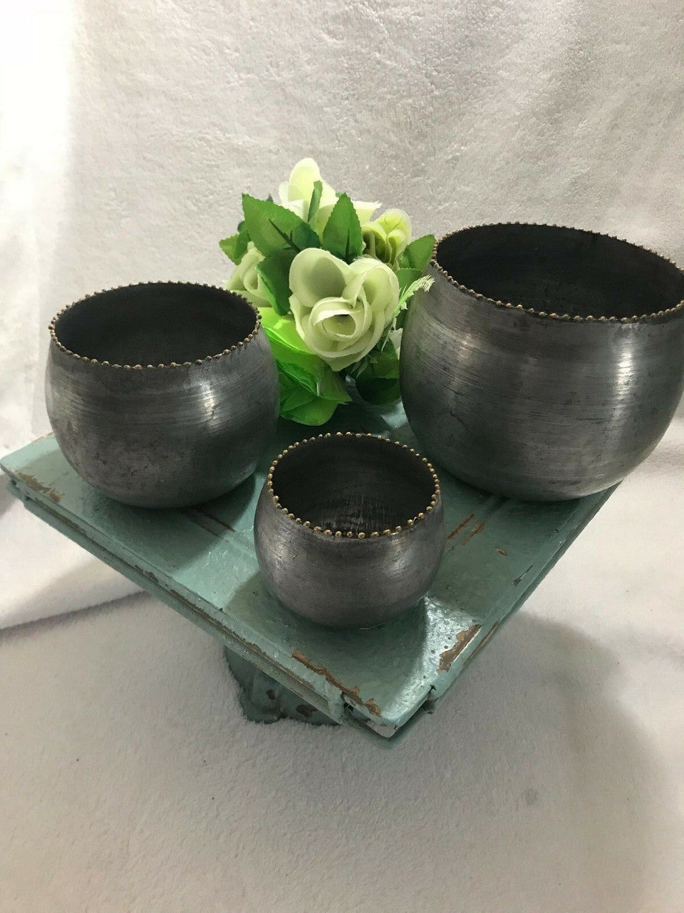 3pcs Round Metal Vases Centerpiece Bohemian Planter Zinc Finish Rustic