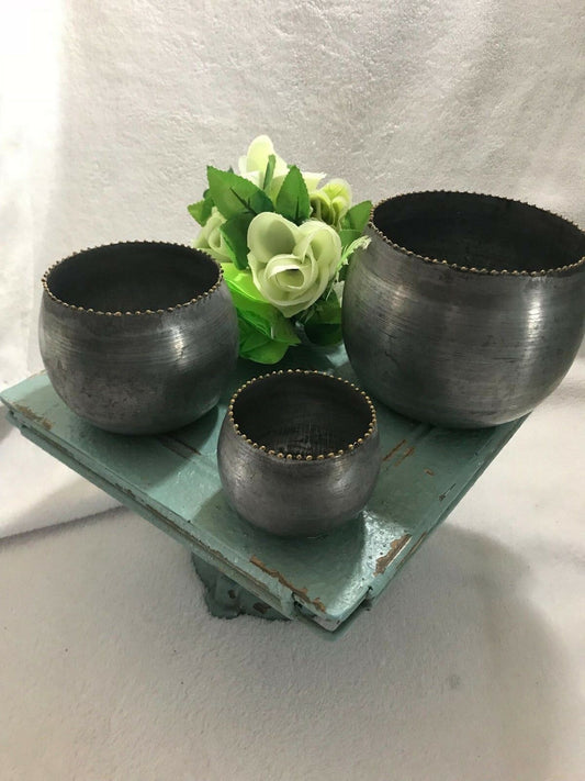 3pcs Round Metal Vases Centerpiece Bohemian Planter Zinc Finish Rustic