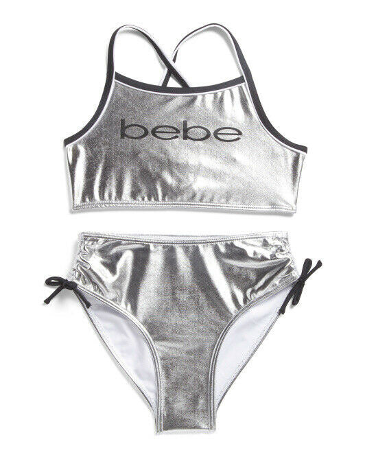 BEBE Girls Two Piece Shine SILVER Swimsuit S (7/8) or M (10/12)