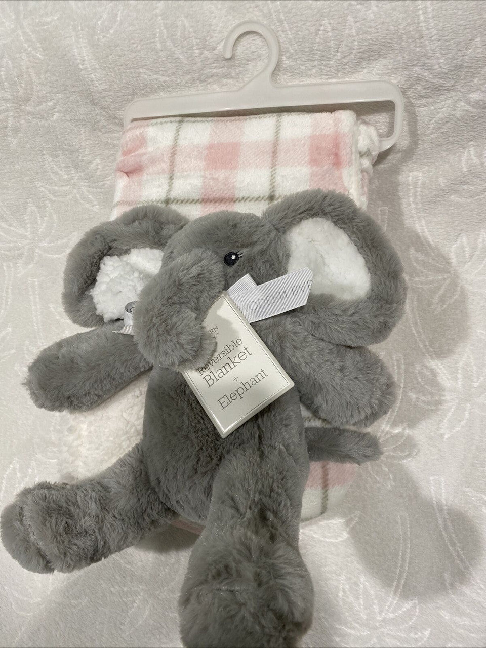 Modern baby reversible blanket W Plush Elephant Pink Grey 30” X 36”