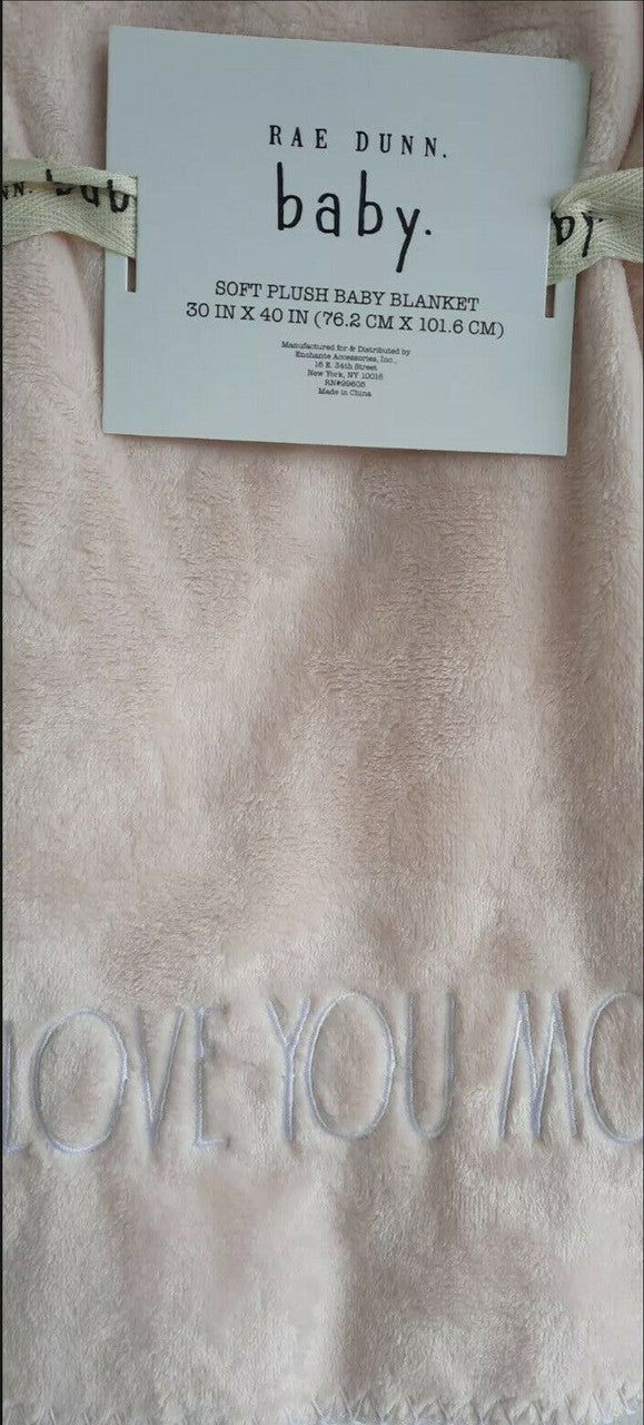 Rae Dunn Pink Soft Blanket LOVE YOU MORE embroidered 30"×40"