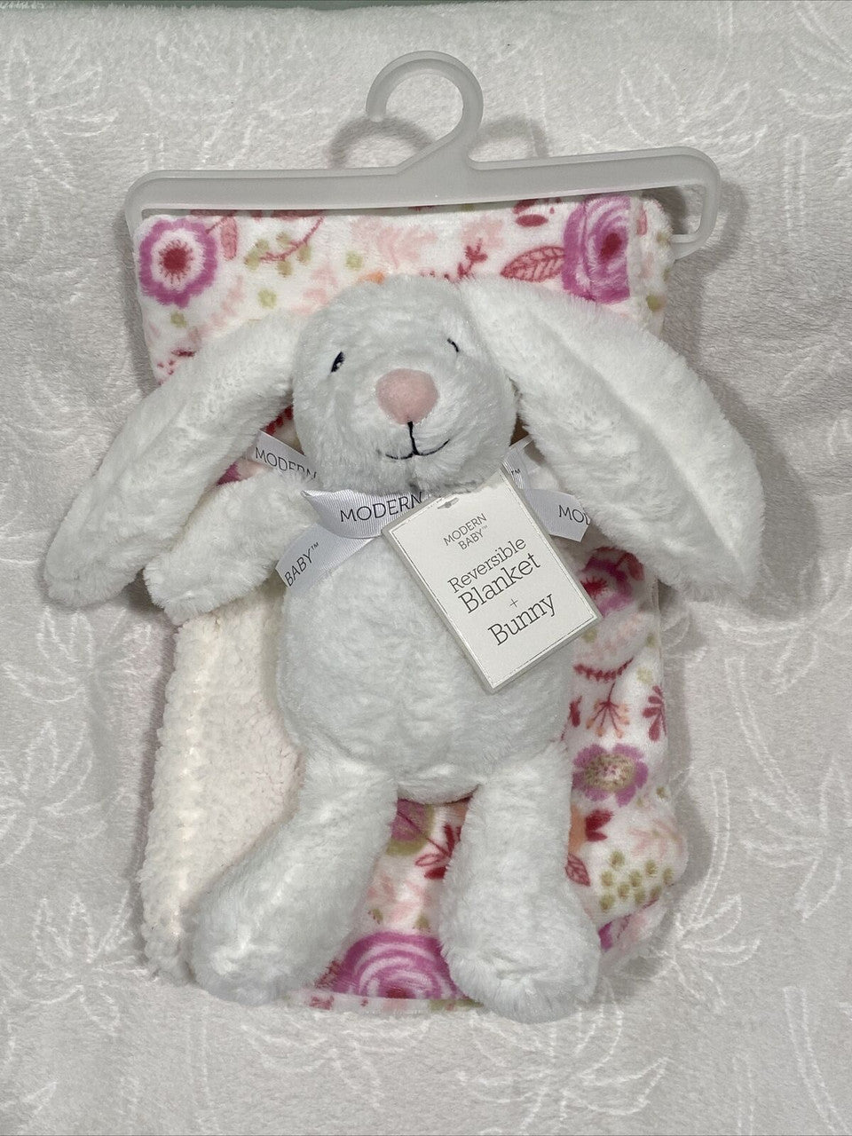 Modern baby reversible blanket W Plush Bunny White Pink 30” X 36”