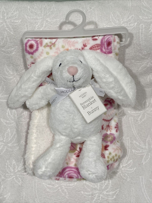 Modern baby reversible blanket W Plush Bunny White Pink 30” X 36”