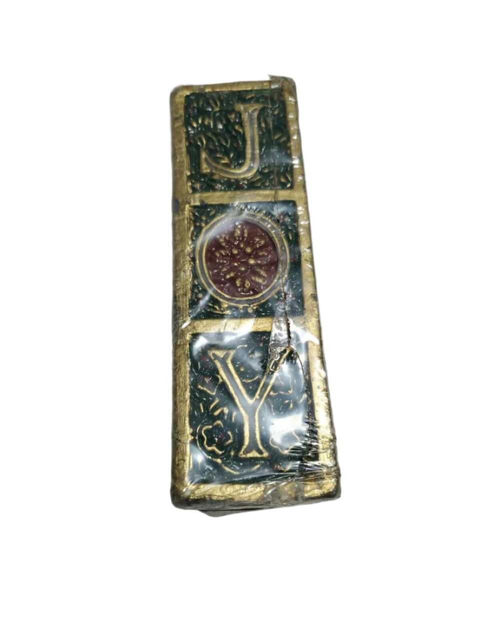Vintage 7-inch Colonial Candle of Cape Cod with JOY lettering in gold and red wreath design, sealed in original wrap.