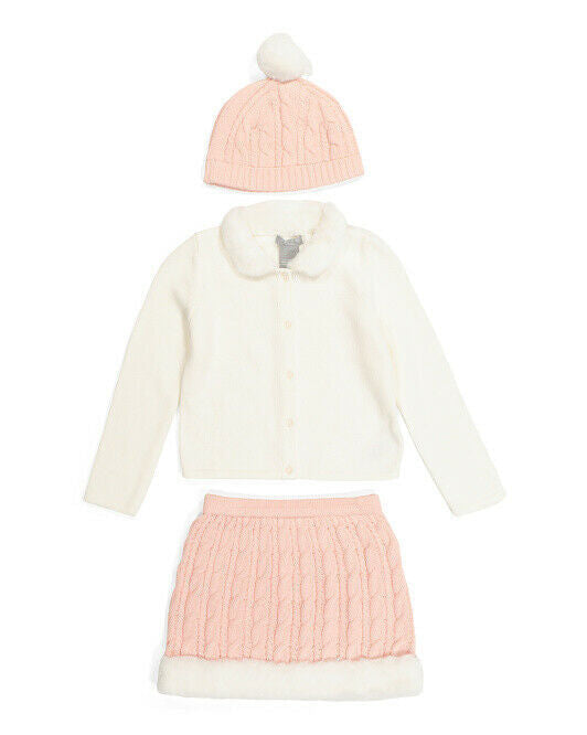TAHARI Toddler Girls 3pc Faux Fur Trim Sweater Skirt Set With Hat 4T