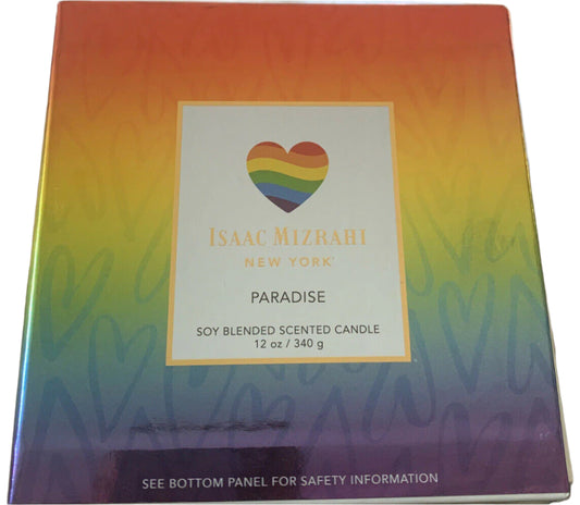 Isaac Mizrahi New York Paradise 12oz scented candle in soy blend, with colorful box and heart logo on the jar.