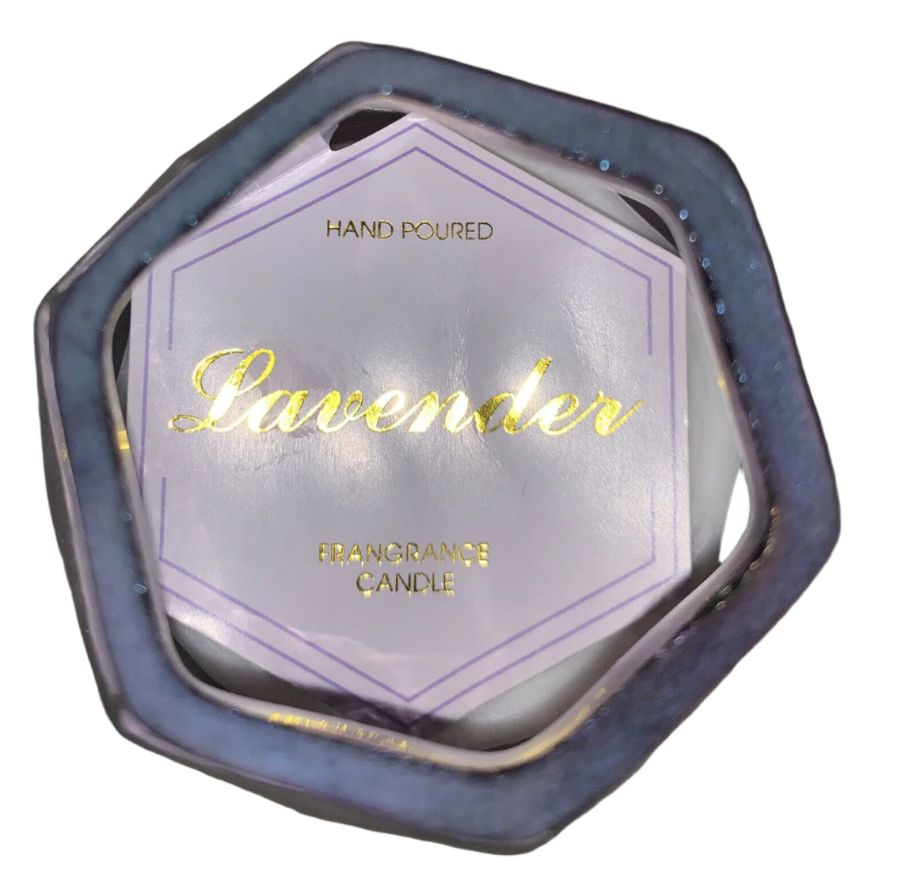 Hand poured lavender-scented candle in a 9oz faceted glass jar by Love In The Air