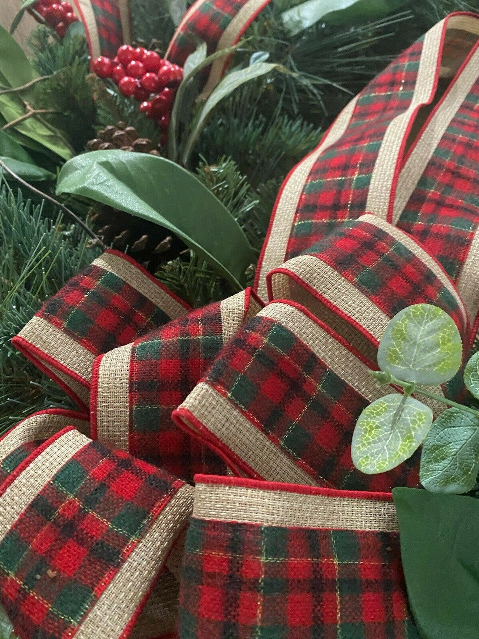 33-inch mixed floral holiday wreath with plaid ribbon and faux berries, new in box.