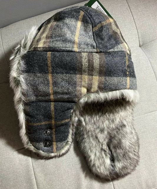 WOOLRICH WOOL BOMBER AVIATOR TRAPPER HAT Small S grey tan red PLAID
