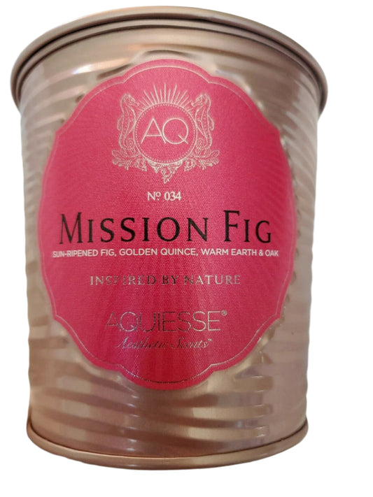 11 oz Mission Fig scented candle in rose gold tin by Aquiesse, featuring golden quince, oak, and warm earth fragrance blend