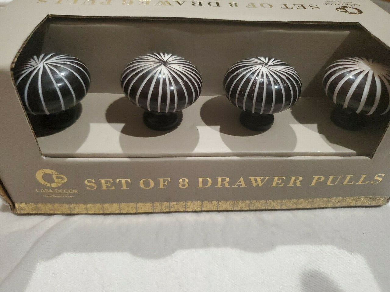 CASA DECOR 8 NEW ART CERAMIC  BLACK WITH WHITE LINES DRAWER PULLS VERY UNUSUAL 