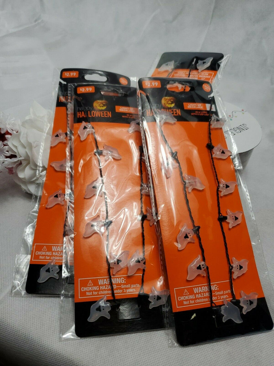 Happy Halloween Light-Up Ghost BOO Necklace 33” Spooky Trick Or Treat Lot of 4