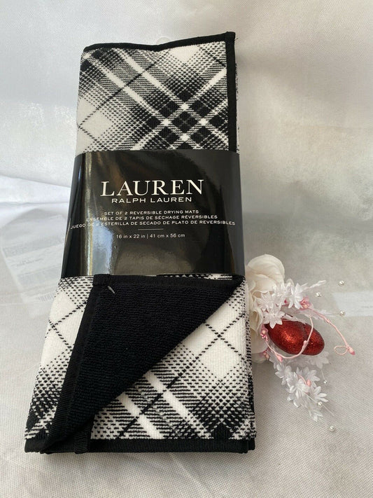 Ralph Lauren Set of 2 Reversible Fabric Drying Mats 16x22 Black White Plaid