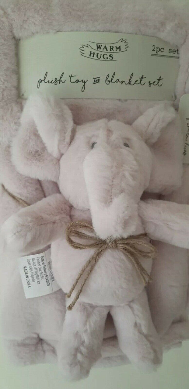 WARM HUGS 2pc BABY GIRL BLUSH SOFT PLUSH BLANKET & BABY ELEPHANT TOY 30"×36"