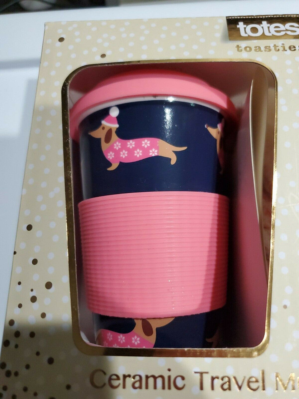 Totes Toasties Pink Dachshund Ceramic Travel Mug w/One-Size Flip Mitt Gloves