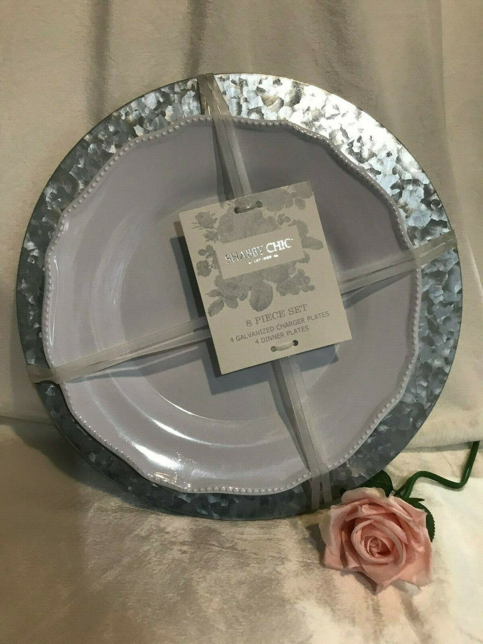 Shabby Chic Charger Galvanized plates 4 metal + 4 beaded dinner set