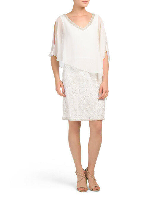 J KARA V-neck Beaded Popover Dress Size 8 white / silver