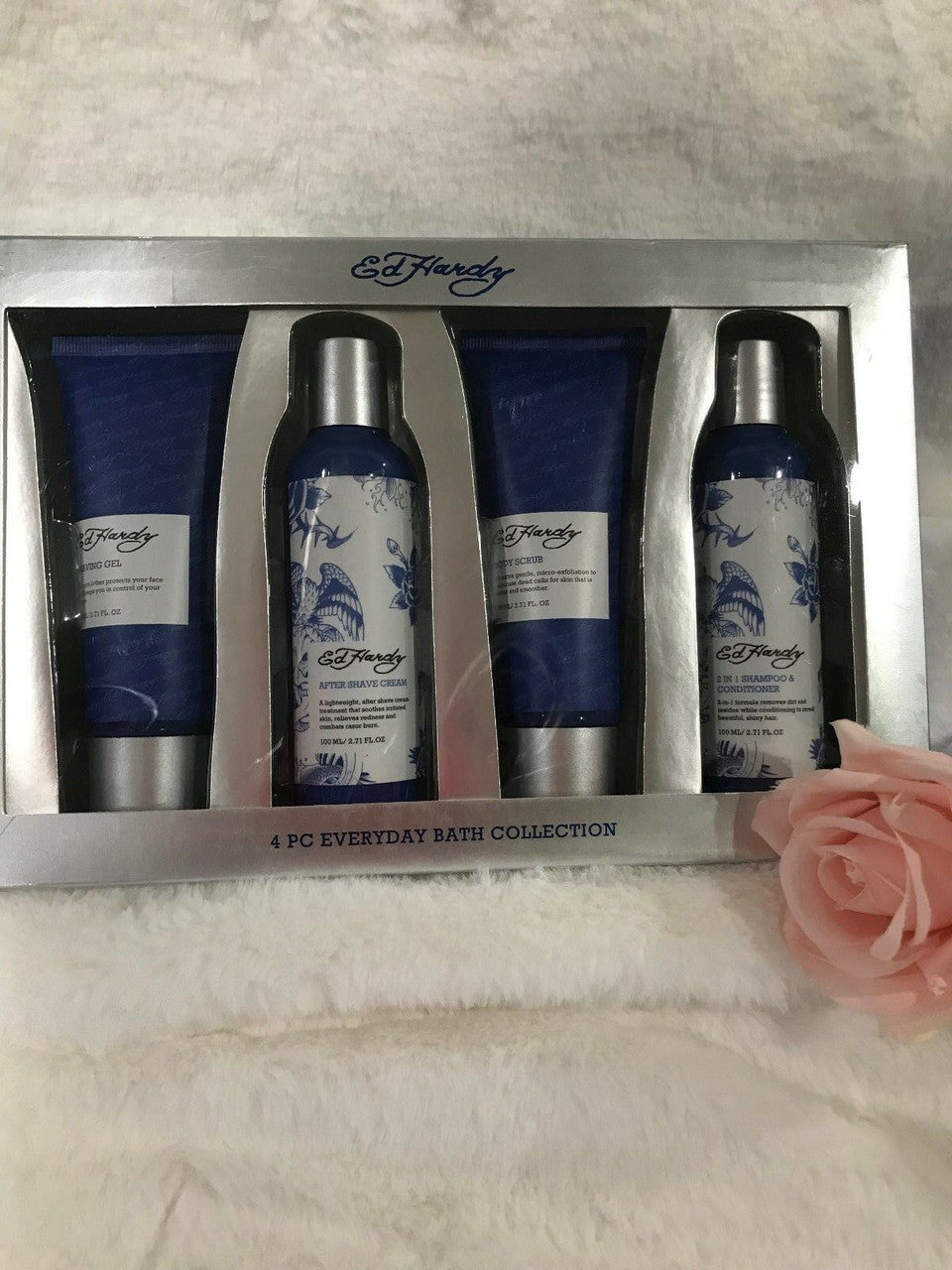Ed Hardy 4 pc Set Shaving Gel After Shave Cream Body Scrub 2 in 1 Shampoo & Cond