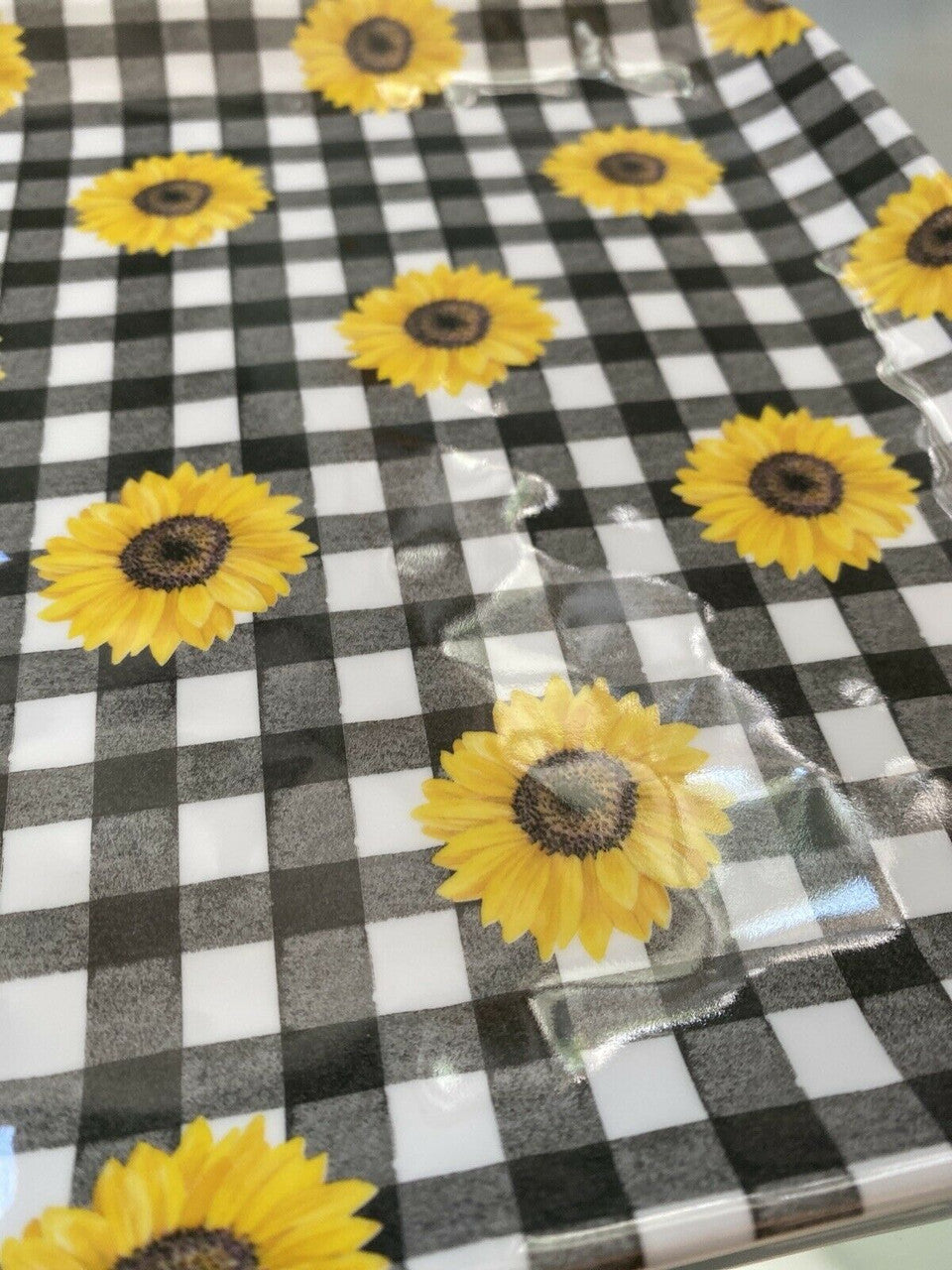 SHABBY CHIC SUNFLOWER Buffalo Check Plaid MELAMINE Serving Platter Tray 17.5”