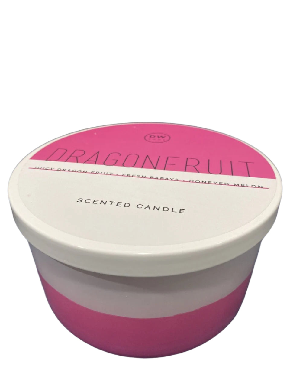 12 oz DW Home 3-wick candle in a pink and white ceramic jar, scented with dragonfruit, papaya, and melon
