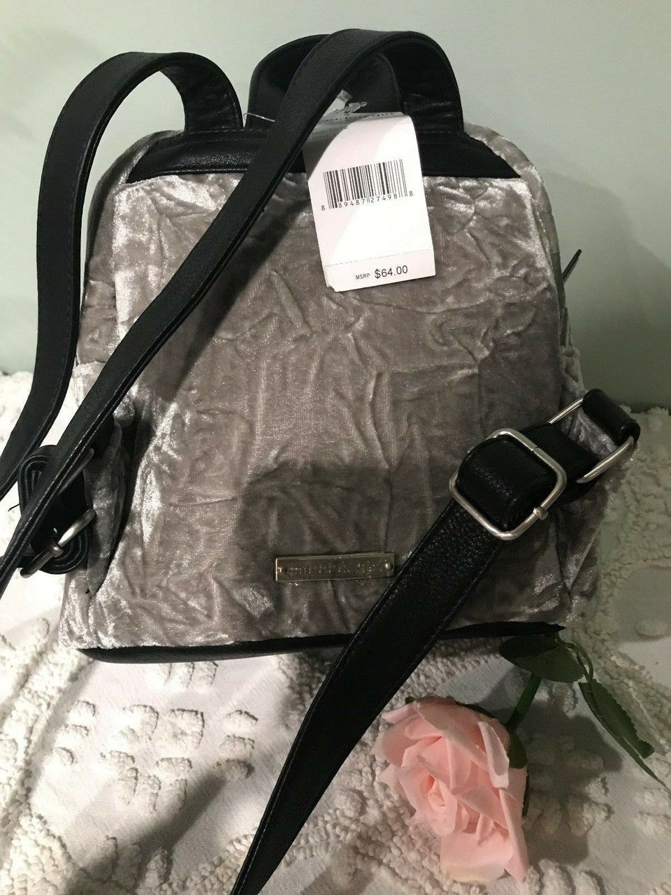 Madden Girl Velvet Studded Mini Backpack Purse Bag Gray